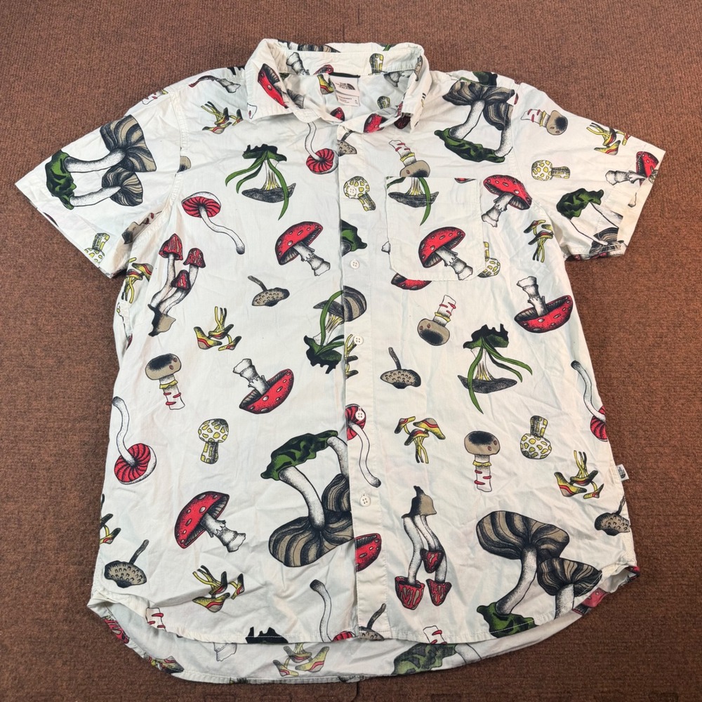 The North Face Mushroom Print Shirt Mens XL White Short Sleeve Button Down 3026